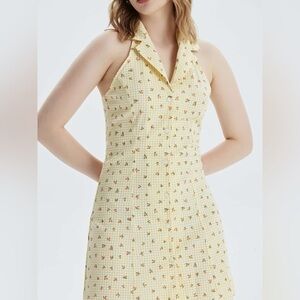 CIDER M Ditsy Lapel Halter Dress Khaki NWT